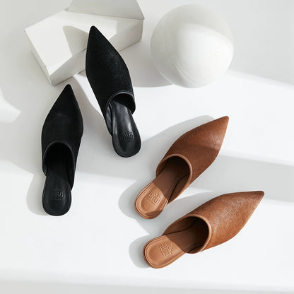 B-FEI simple horsehair niche mules pointed toe shoes-IKKI.