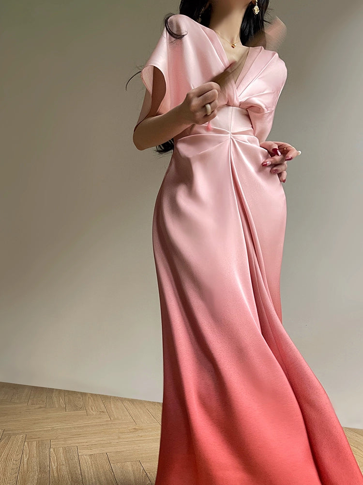 Aconiconi Elegant Peach V-Neck Batwing Sleeve Long Wedding Guest