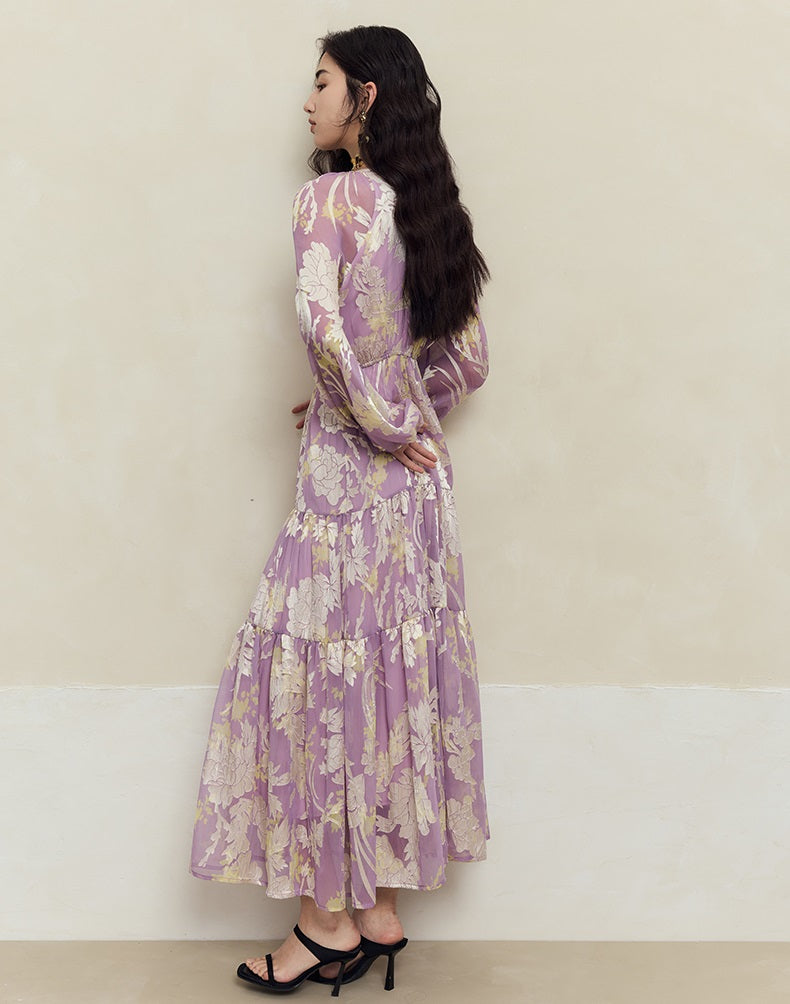 HECO silk peony burnt flower pendulum long-sleeved dress women - healer.