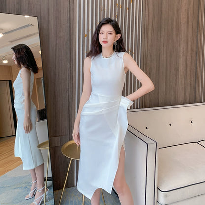 DOLLY Luxury Retro Style Crew Neck Sleeveless Pleated Slim Fit Midi Party Dress-CATIE