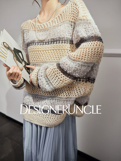 DGU "Weaving Halo" apricot gray striped wool knitted sweater- SHOW.