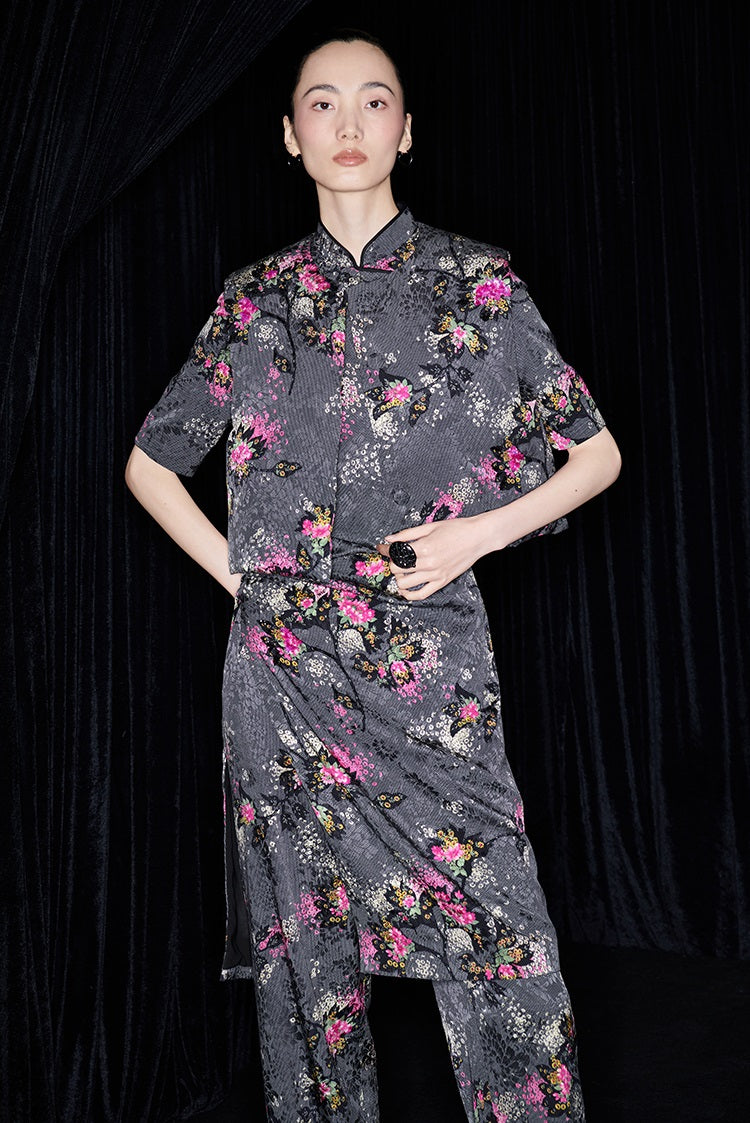 M essential Mackay designer cherry blossom print beads down short vest - LAND.