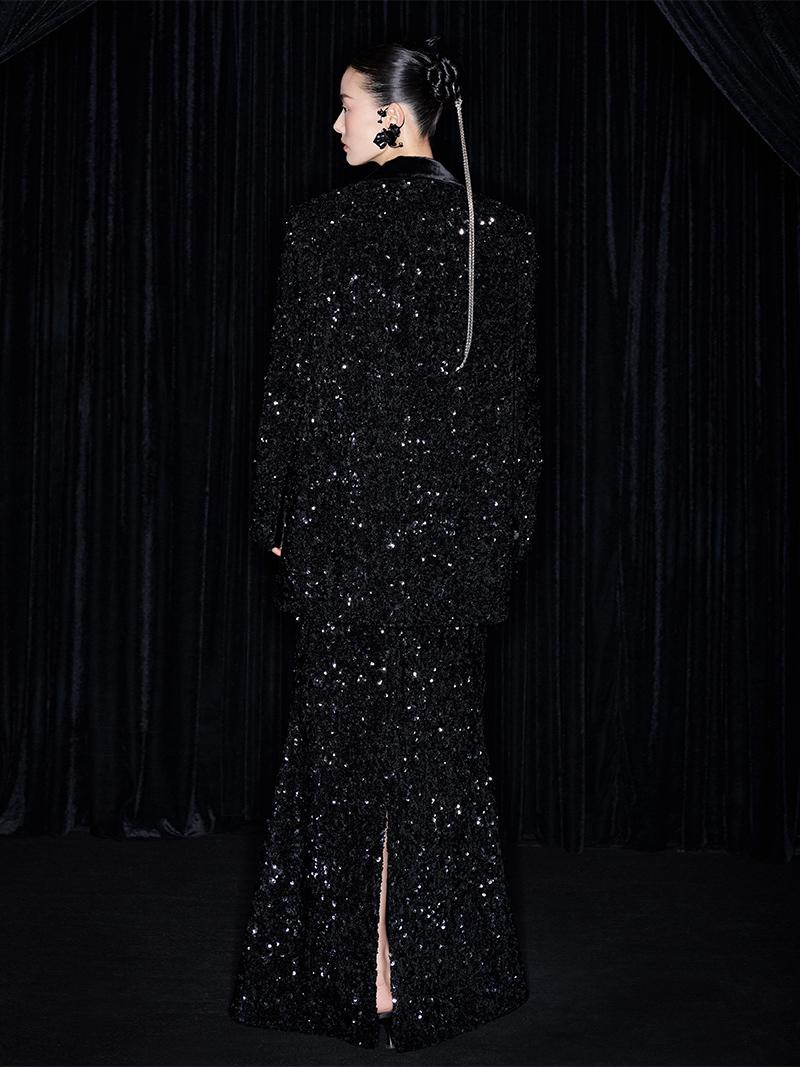 M essential Mackay designer orchid embroidery sequins jacket pencil slit skirt suit - tev.