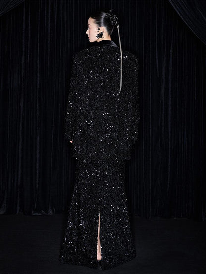 M essential Mackay designer orchid embroidery sequins jacket pencil slit skirt suit - tev.