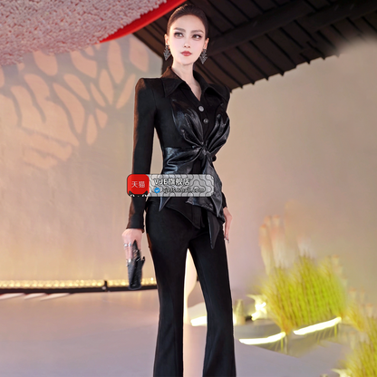 VJE Flower Top Flared Pants Two-Piece Splicing Set - SAXS.