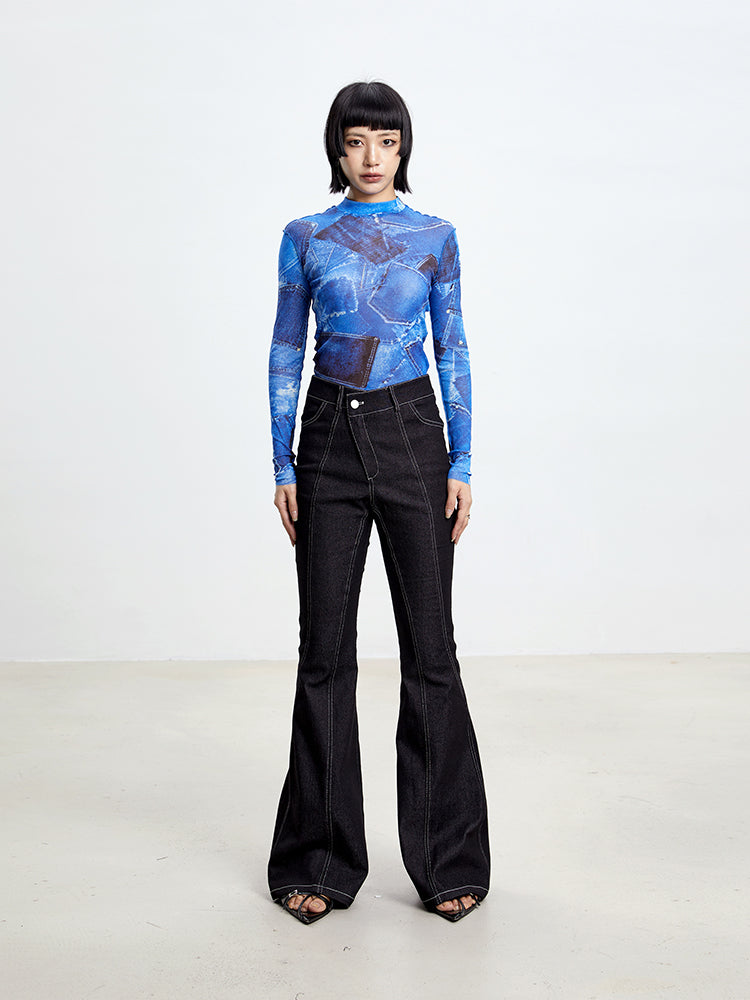 TINY IN denim print sun protection mesh long short sleeve t-shirt -IHU