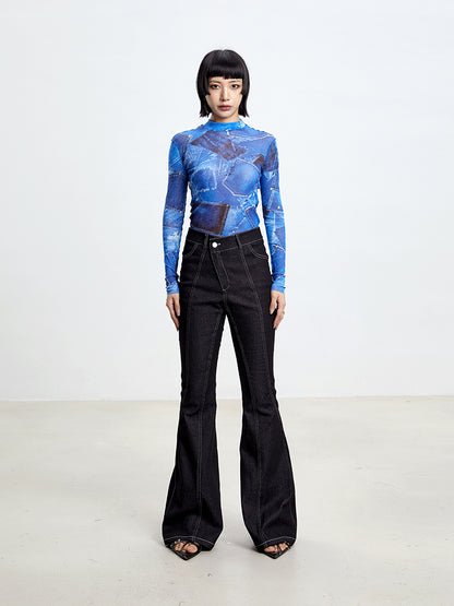 TINY IN denim print sun protection mesh long short sleeve t-shirt -IHU