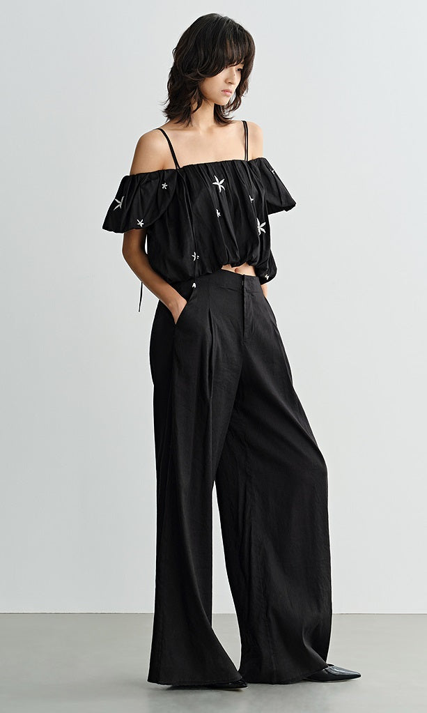COMME MOI  Summer Waist Pressed Pleated Wide-leg Black Pants - SINS.