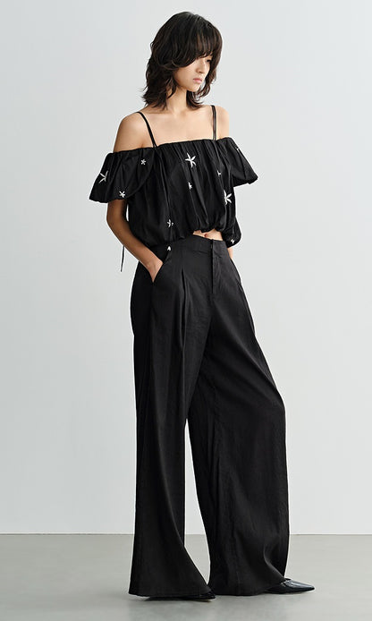 COMME MOI  Summer Waist Pressed Pleated Wide-leg Black Pants - SINS.