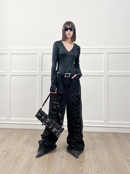 ANNAKIKI  Designer Women's Niche Black Ripped Distressed Jeans Wide-leg Pants-SPIKE