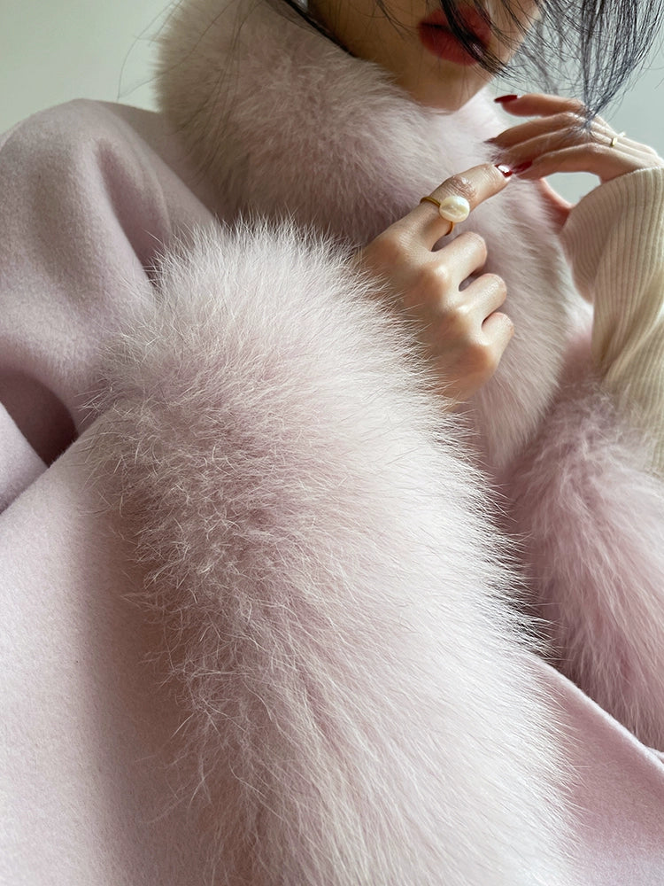 Aconiconi Winter pink wool cape fox fur sleeve double-sided coat-Sakura