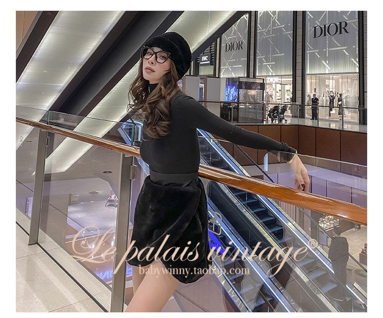 Le Palais Vintage Black Long Sleeves Short Faux Fur Coat and Dinner Skirt Suit-Selena.