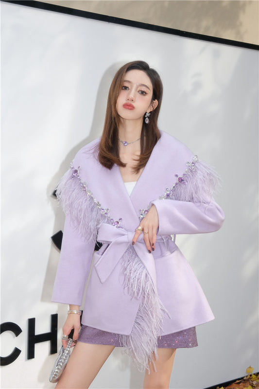 Wardrobes by Chen Luxury Light Purple Diamond-encrusted Cashmere Coat-Adile
