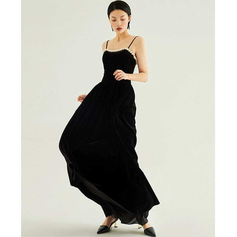 GOUDIN women's long velvet temperament slip evening dresses-LEON.
