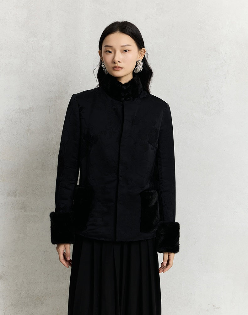 HECO 100% viscose High Neck Fur Collar red black Cotton Suit Women - entity.