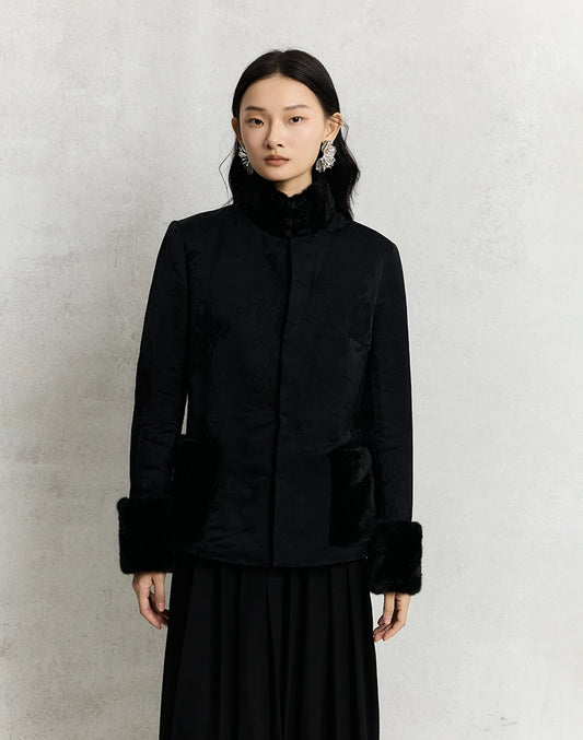 HECO 100% viscose High Neck Fur Collar red black Cotton Suit Women - entity.