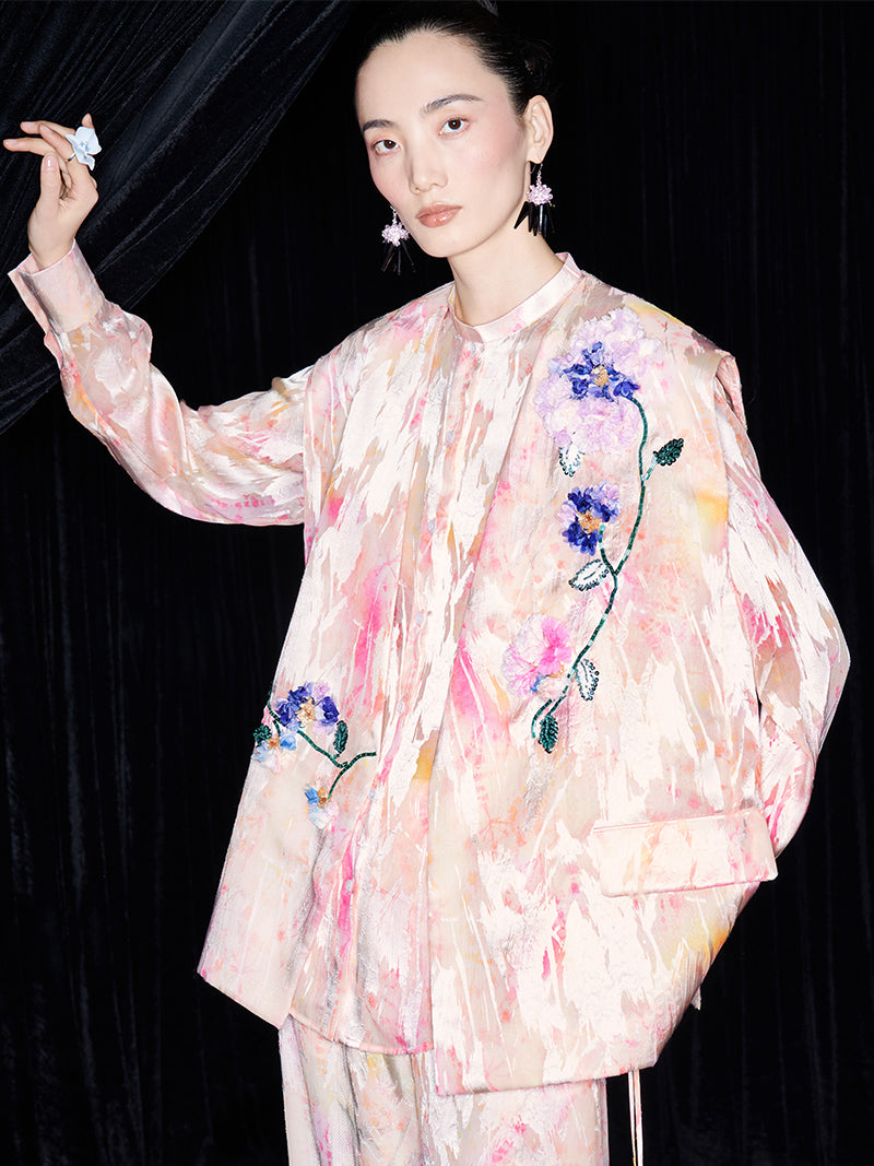 M essential Mackay designer iridescence crepe workshop raffia multi-floral gilet - STEPH.