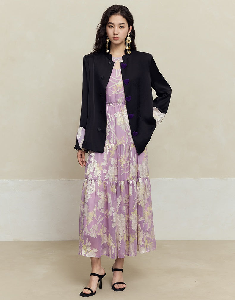 HECO silk peony burnt flower pendulum long-sleeved dress women - healer.