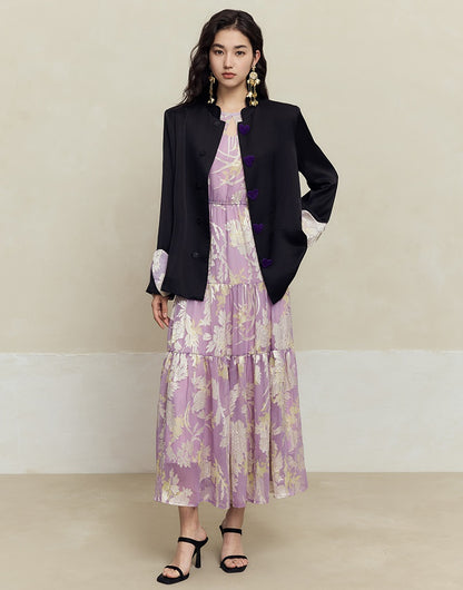 HECO silk peony burnt flower pendulum long-sleeved dress women - healer.