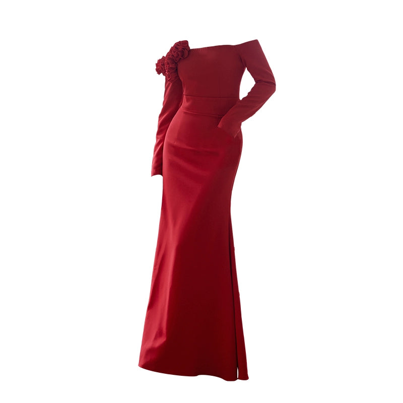 GOUDIN red off-shoulder long-sleeved evening dress-TOSIA.