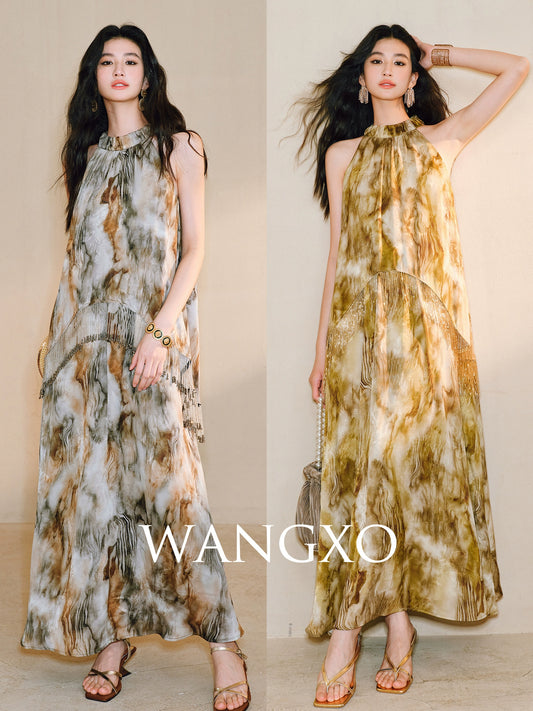 WANGXO | Oil Painting-Inspired Satin Jacquard  Beaded Tassel French-Italian Romantic Shaved Shoulder Halterneck Dress -LUMI