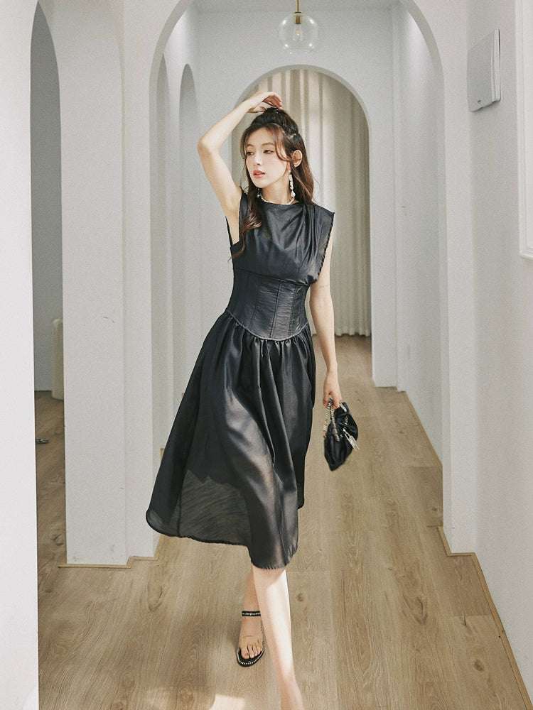 DOLLY High End Black Retro Flying Sleeve Pleated High Waist Midi Office Dress-BRANCA