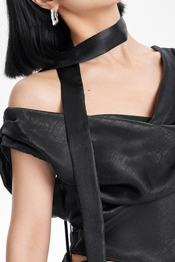 TINY IN Irregular Streamer Swing Neck Pleated Top - OSCA