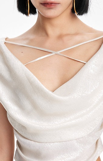 TINY IN Irregular Streamer Swing Neck Pleated Top - OSCA