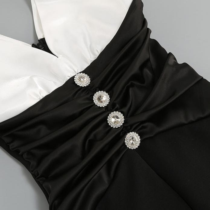 DOLLY Elegant Black and White Deep V-Neck Short Puff Sleeves Slim Fit Office Dress-ZOEY