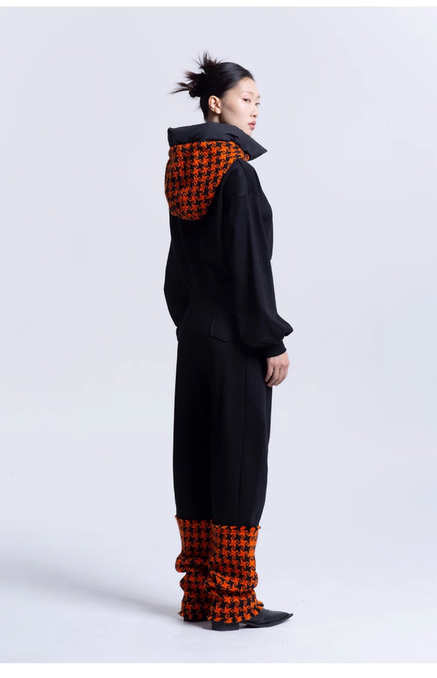 LEDIM W Patchwork luxury orange houndstooth plaid hooded black sweat shirt pullover -Haiei