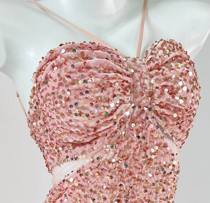 DOLLY Elegant Sequined Hollow Halter Neck Long Evening Dress-OLIVE