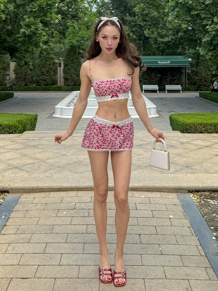 Le Palais Vintage Retro Spice Girl Red Floral Short Low-waisted Skirt-DJO.