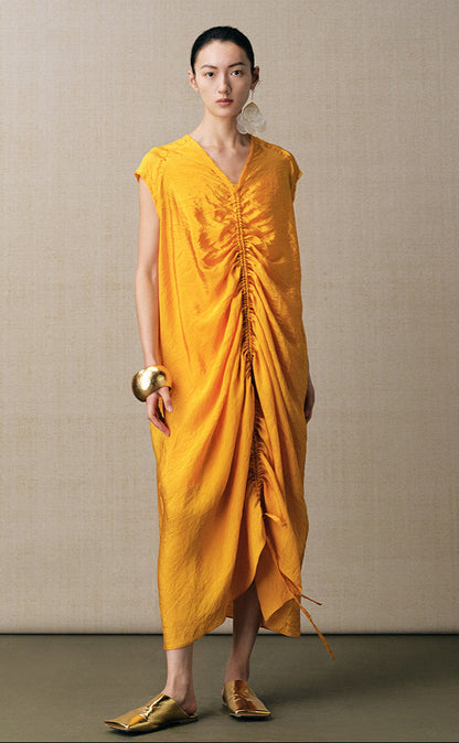 ZHUCHONGYUN yellow cocoon loose shirred V-neck dress-FAND.