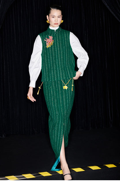 M essential Mackay designer rose beads placket green vest pencil skirt - Biba.