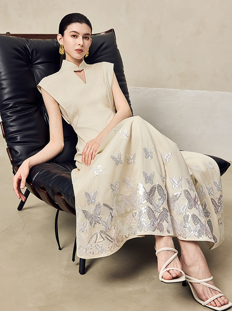 HECO Jacquard Acetate Hollow Stand Collar Thin A-line  Black White Dress Women - WEIGHT.