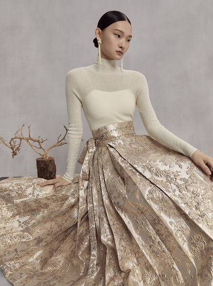 HECO high waist pleat blue purple green jacquard Embossed Skirt Women - king.