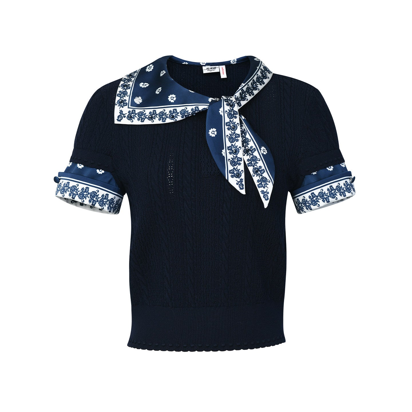 FAME beaded printed silk scarf knitted short-sleeved T-shirt