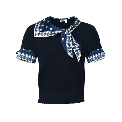 FAME beaded printed silk scarf knitted short-sleeved T-shirt