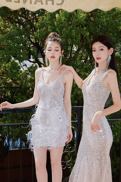 DOLLY Elegant Deep V-Neck Sleeveless Sequin Mesh Long Cocktail Dress-JUSTINA