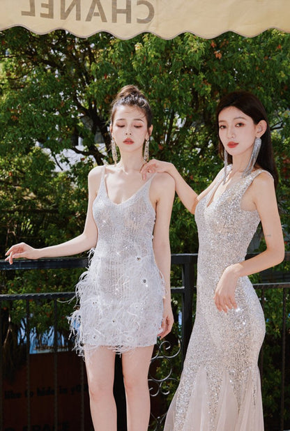 DOLLY Elegant Deep V-Neck Sleeveless Sequin Mesh Long Cocktail Dress-JUSTINA