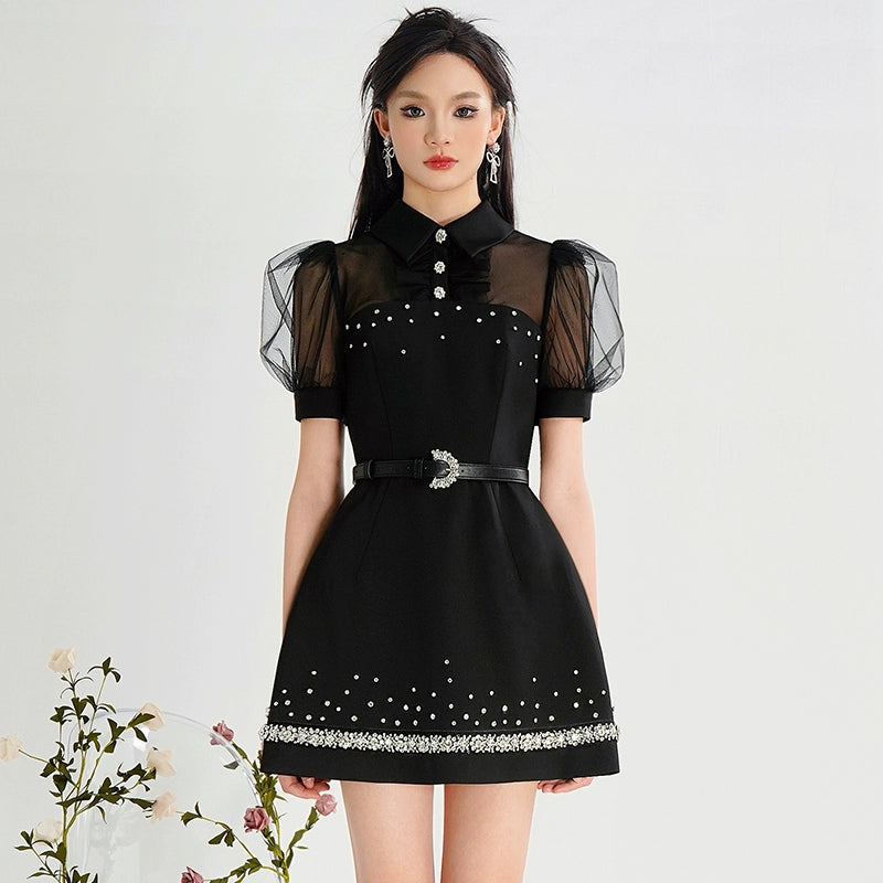 CHECOCRE Cute Nail Diamond Mesh Puff Sleeves Little Black Dress - INOVATIVE