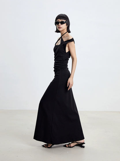 TINY IN cross-neck pleated knit maxi black dress-AYA