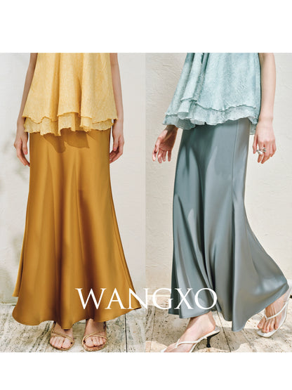 WANGXO | Silky Smooth Double-Sided Satin Top Glass Beaded Umbrella Hem Suspender Skirt Set -ELVA