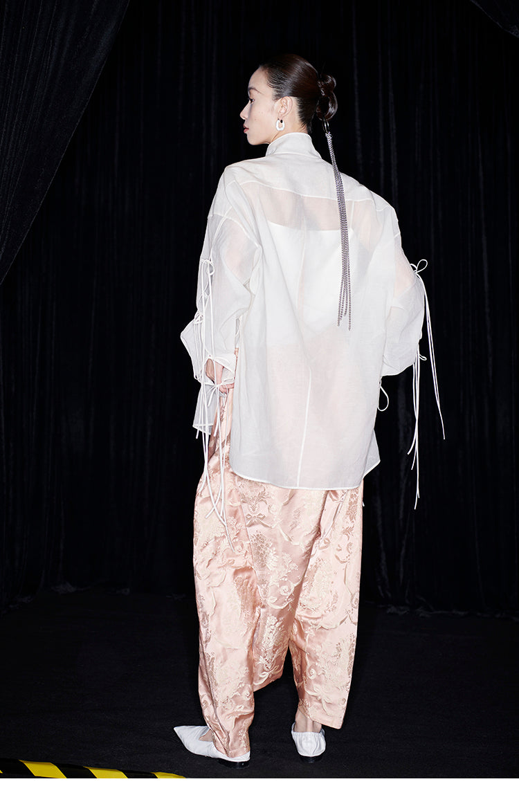 M essential Mackay designer soft-paper pale overshirt with pavement embroidery - serious.