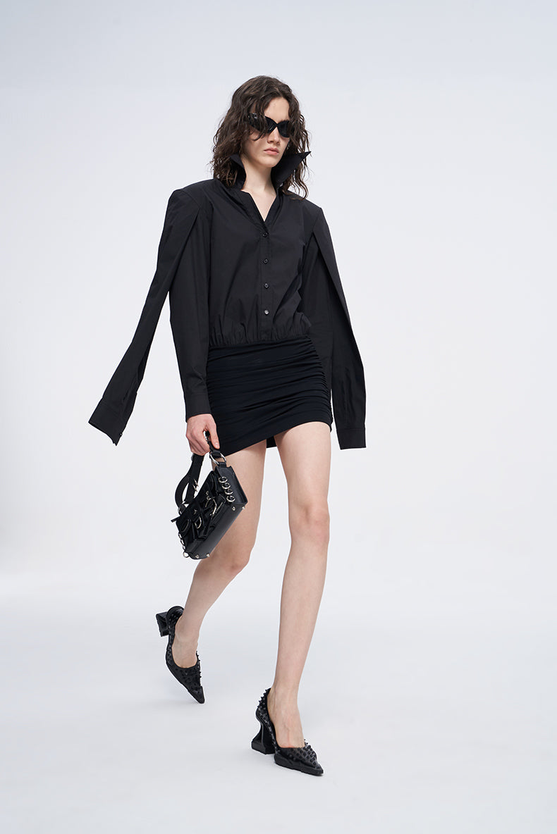 ANNAKIKI black double-sleeved needle shuttle spliced dress for women-FUMIHITO