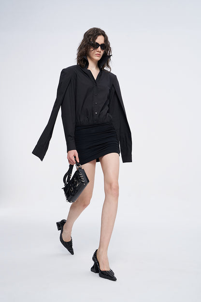 ANNAKIKI black double-sleeved needle shuttle spliced dress for women-FUMIHITO