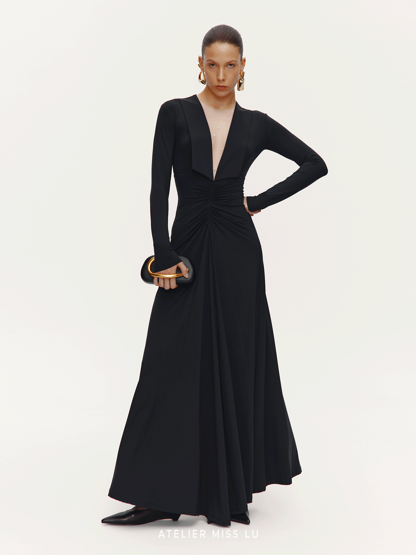 ATELIER MISS LU V-Neck Large Swing Long Sleeve Dress - EMBAD.