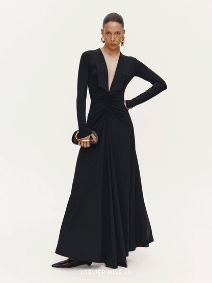 ATELIER MISS LU V-Neck Large Swing Long Sleeve Dress - EMBAD.