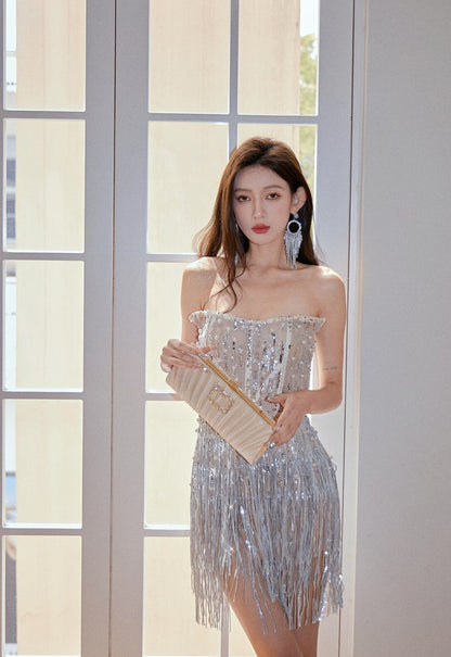 DOLLY Elegant Chest Wrap Glittering Tassel Tube Top Beaded Short Sexy Dress-LENORA  (V)