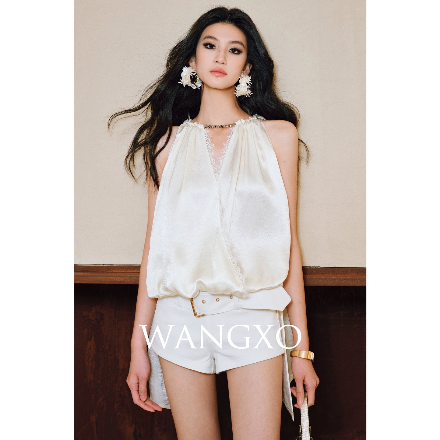 WANGXO| Acetate  Lace-Trimmed Metal Chain Halterneck V-Neck Pleated Top -AYRA.